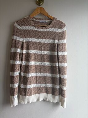 ALFRED SUNG Beige & White Striped Crewneck Sweater